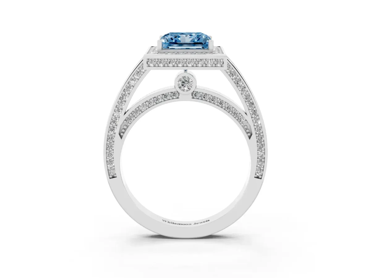 Fancy Blue Princess Cut Cut Halo Pave Split Shank Prong Setting Ring Silver
