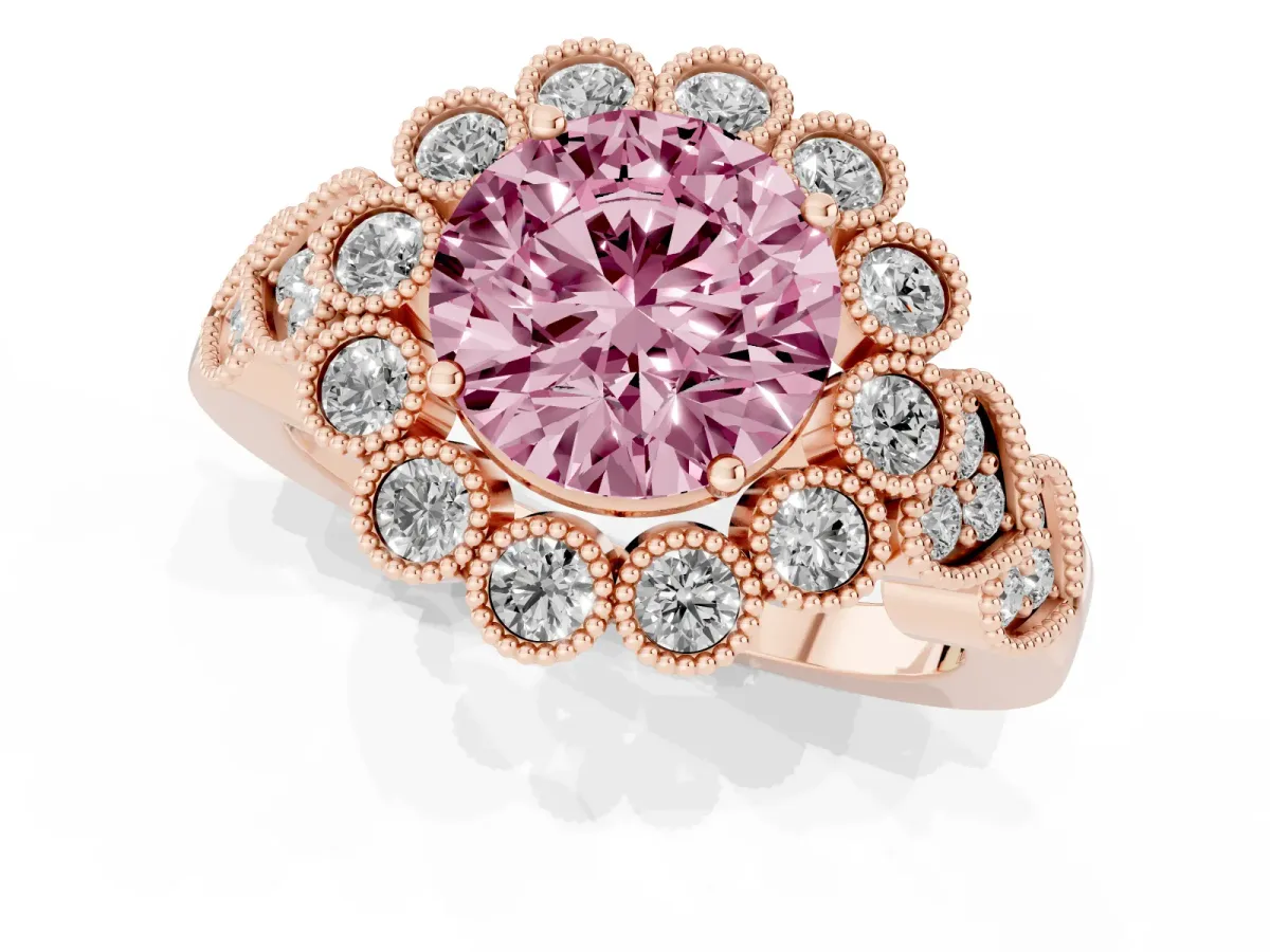 Fancy Pink Round Cut Brilliant Milgrain Pave Heart Band Solitaire Ring Rose gold