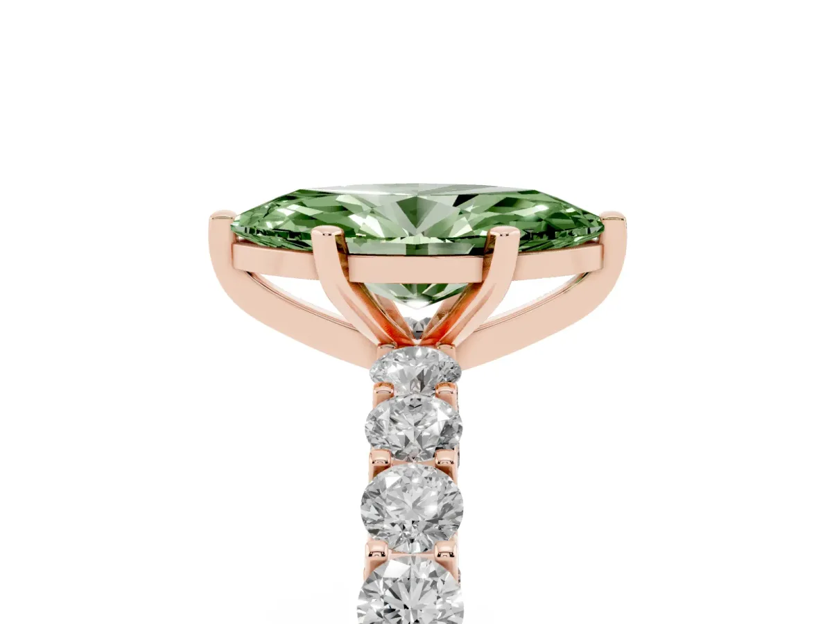 Fancy Green Marquise Cut Diamond Solitaire Ring with Shared Prong Pavé Band and Four-Prong Setting Rose gold