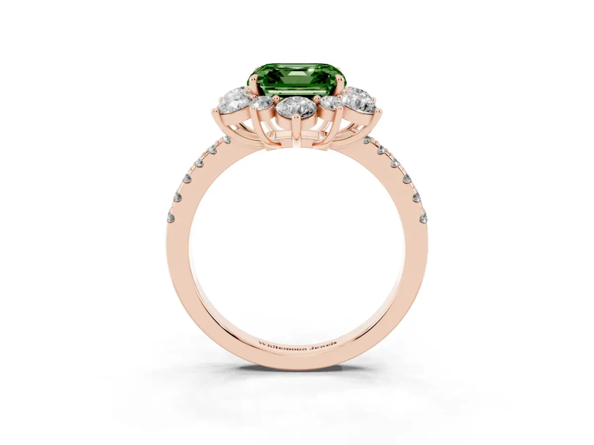 Fancy Green Asscher Cut Diamond Floral Halo Ring with Round Pavé Band and Prong Setting Rose gold