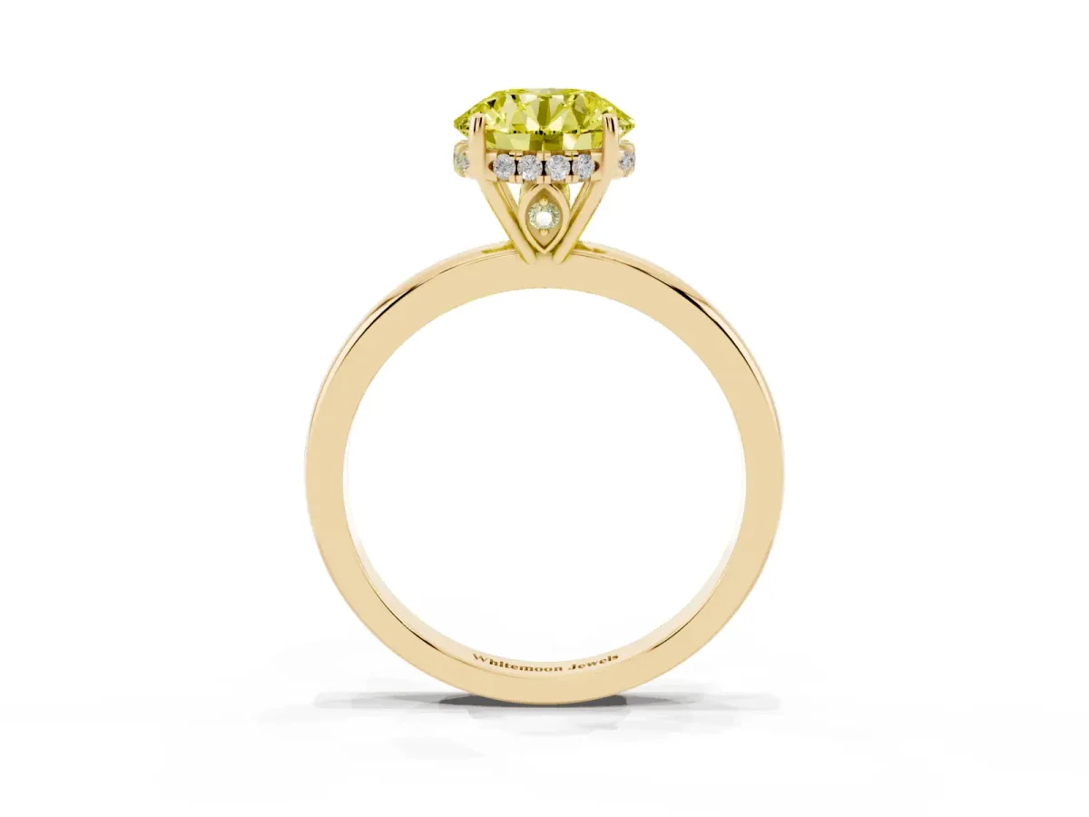 Fancy Yellow Round Cut Solitaire Diamond Ring with Prong Setting and Plain Band Yellow gold