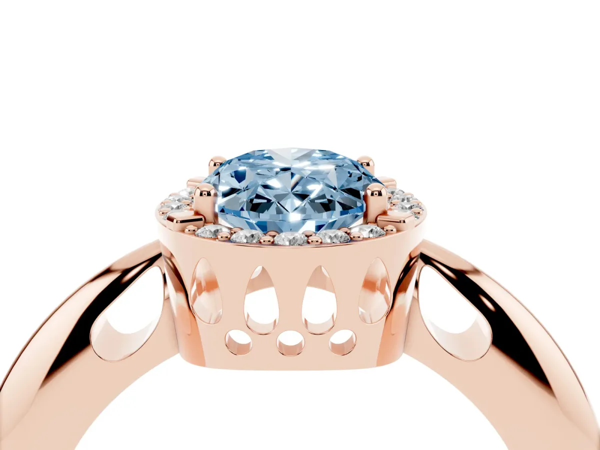 Fancy Blue Oval Cut Cut Diamond Halo Engagement Ring with Split Shank and Four-Prong Setting Rose gold