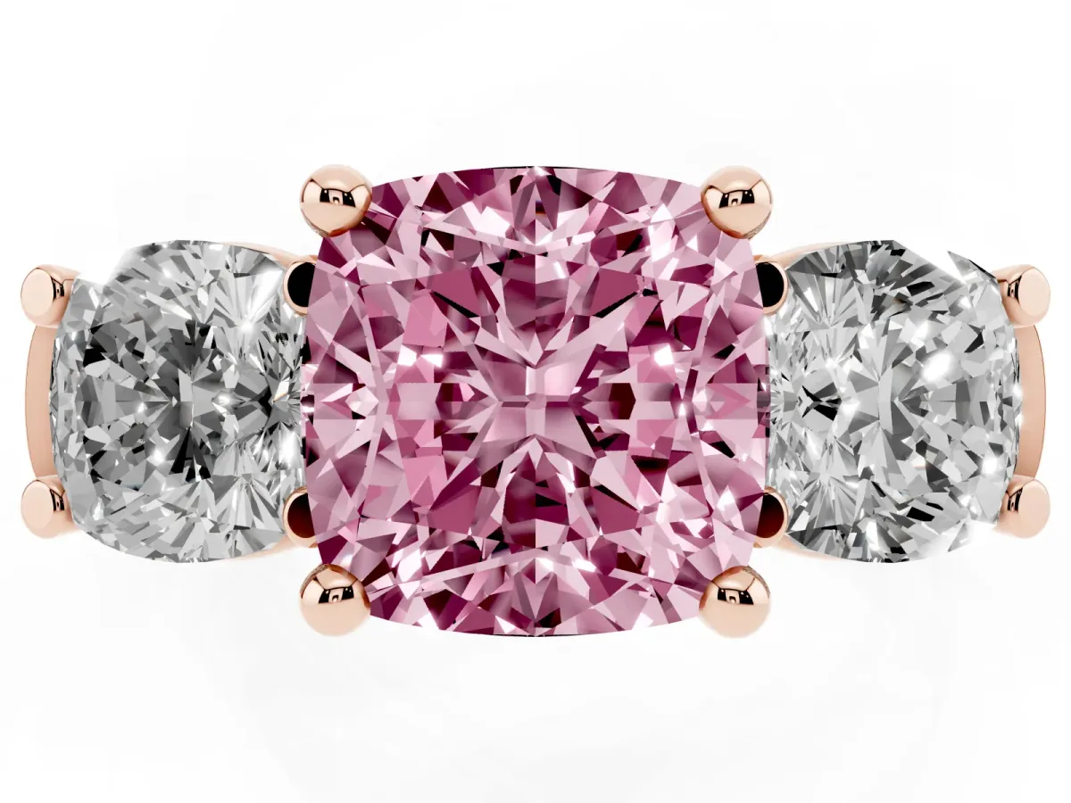 Fancy Pink Three-Stone Cushion Cut Brilliant Diamond Trellis Ring with Comfort Fit Band Rose gold