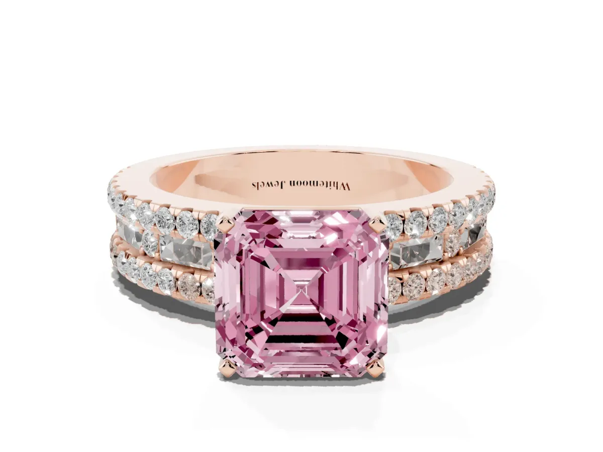Fancy Pink Asscher Cut Diamond Solitaire Ring with Pavé and Channel Set Band Rose gold