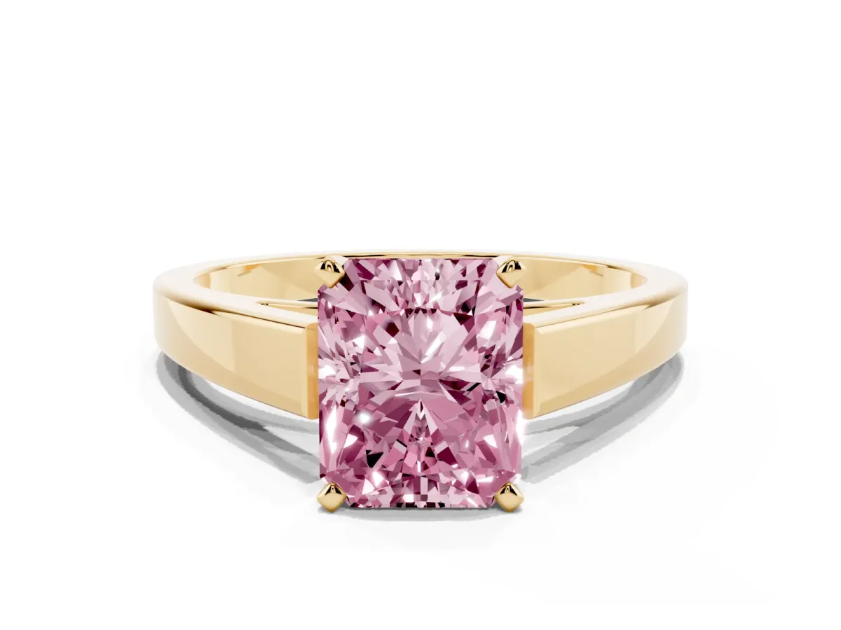 Fancy Pink Radiant Cut Solitaire Engagement Ring with Four-Prong Setting and Tapered Band Yellow gold