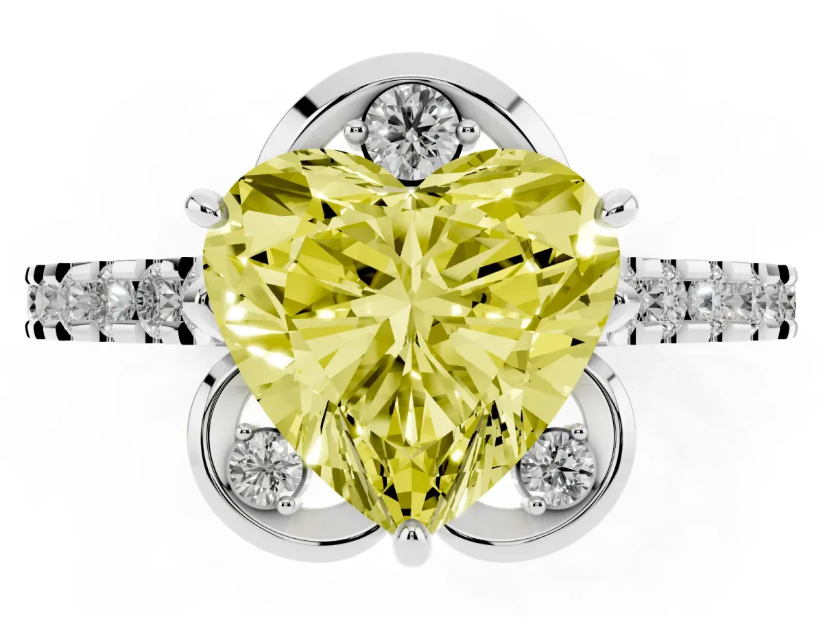 Fancy Yellow Heart Cut Diamond Ring with Pavé Band and Floral Prong Setting Silver