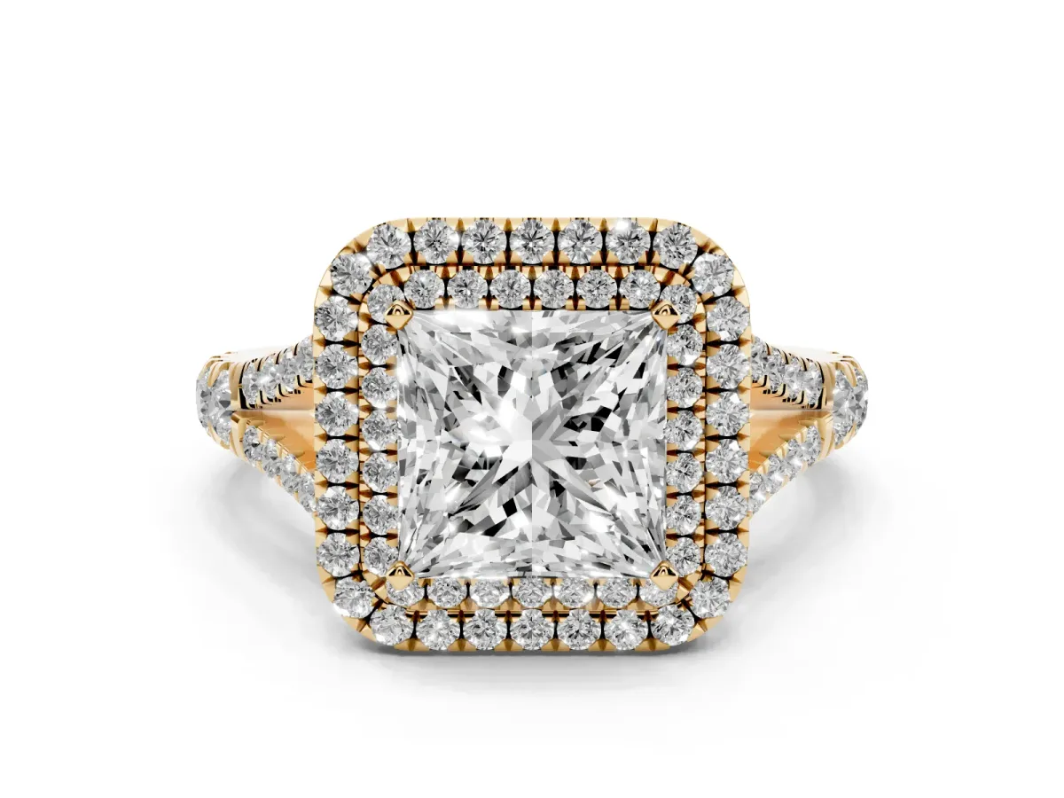 Princess Cut Diamond Double Halo Ring with Split Shank and Prong Setting Yellow gold