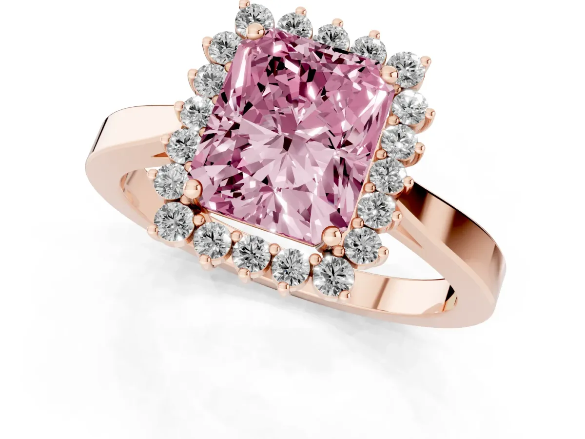 Fancy Pink Radiant Cut Cut Diamond Halo Ring with Round Brilliant Halo and Solitaire Band Rose gold