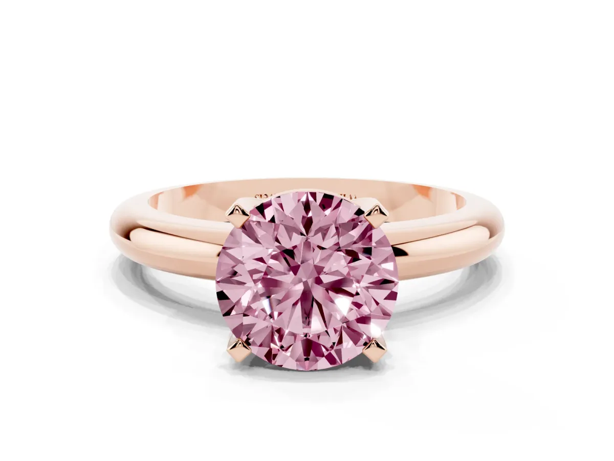 Fancy Pink Round Cut Diamond Solitaire Engagement Ring with Round Band and Four-Prong Setting Rose gold
