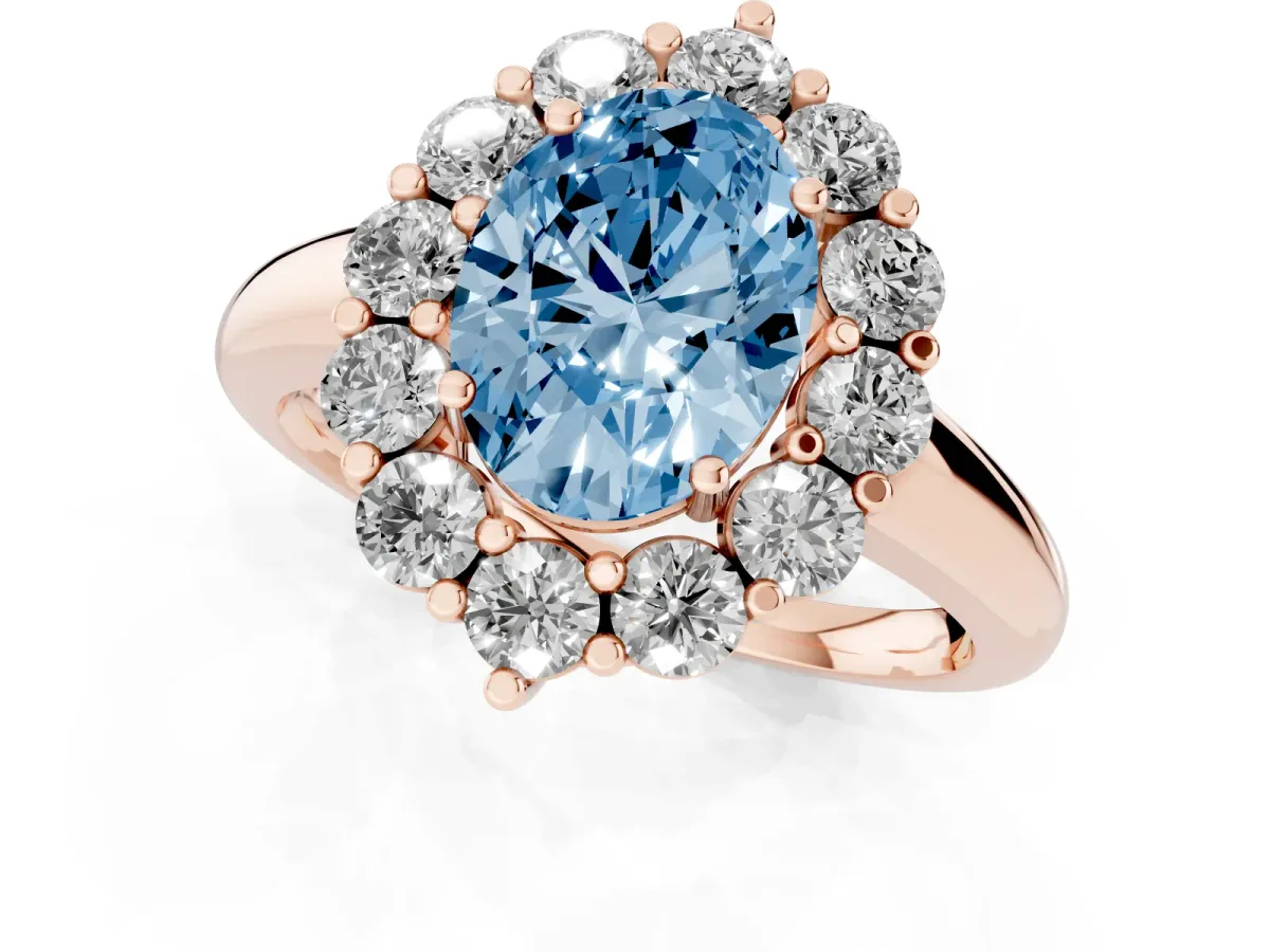 Fancy Blue Oval Cut Halo Cluster Diamond Engagement Ring with Prong Setting and Polished Band Rose gold