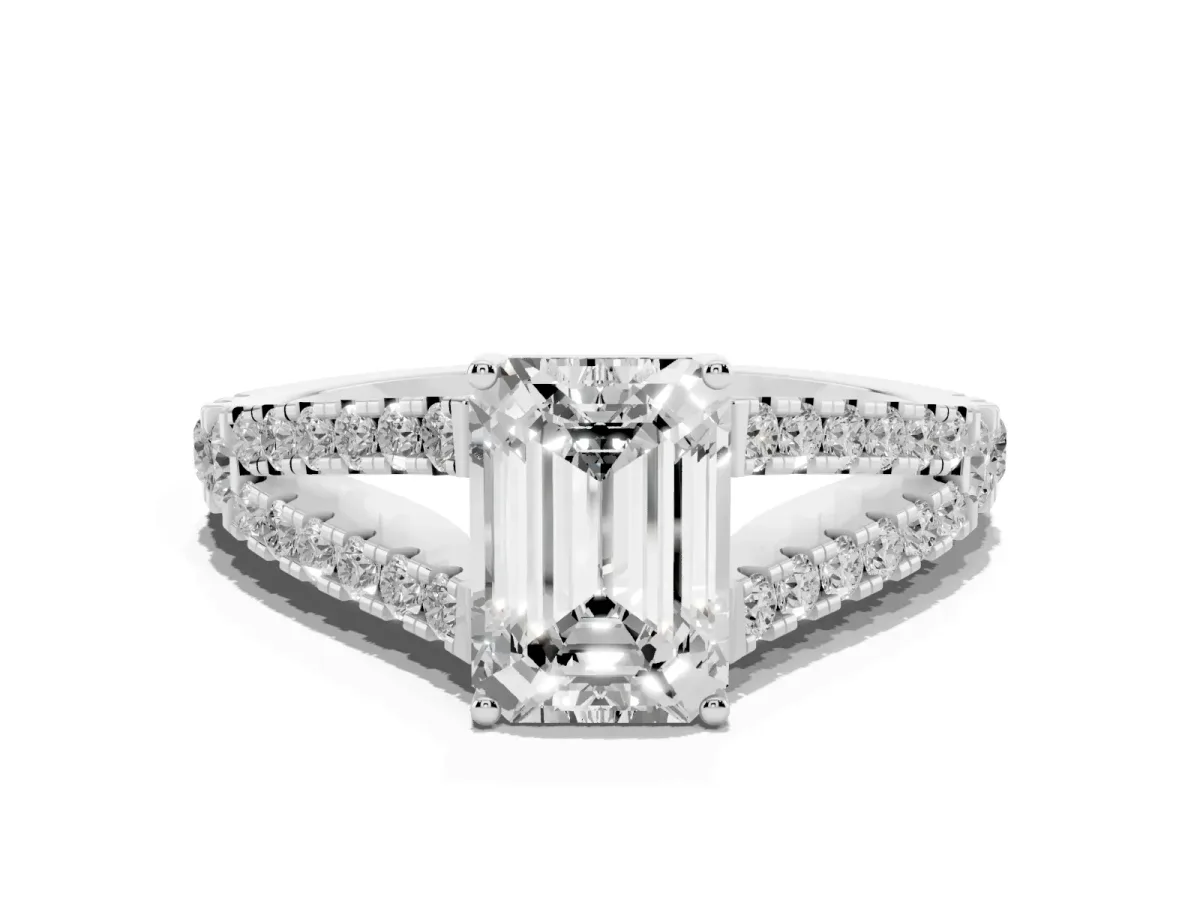 Emerald Cut Diamond Split Shank Engagement Ring with Round Pavé and Prong Setting Platinum