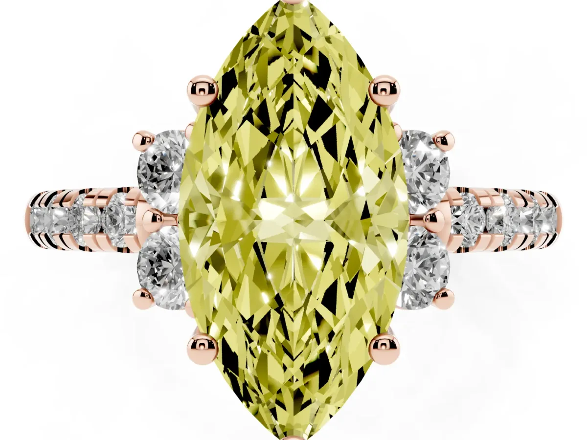 Fancy Yellow Marquise Cut Diamond Three-Stone Pave Band with Four-Prong Setting Rose gold