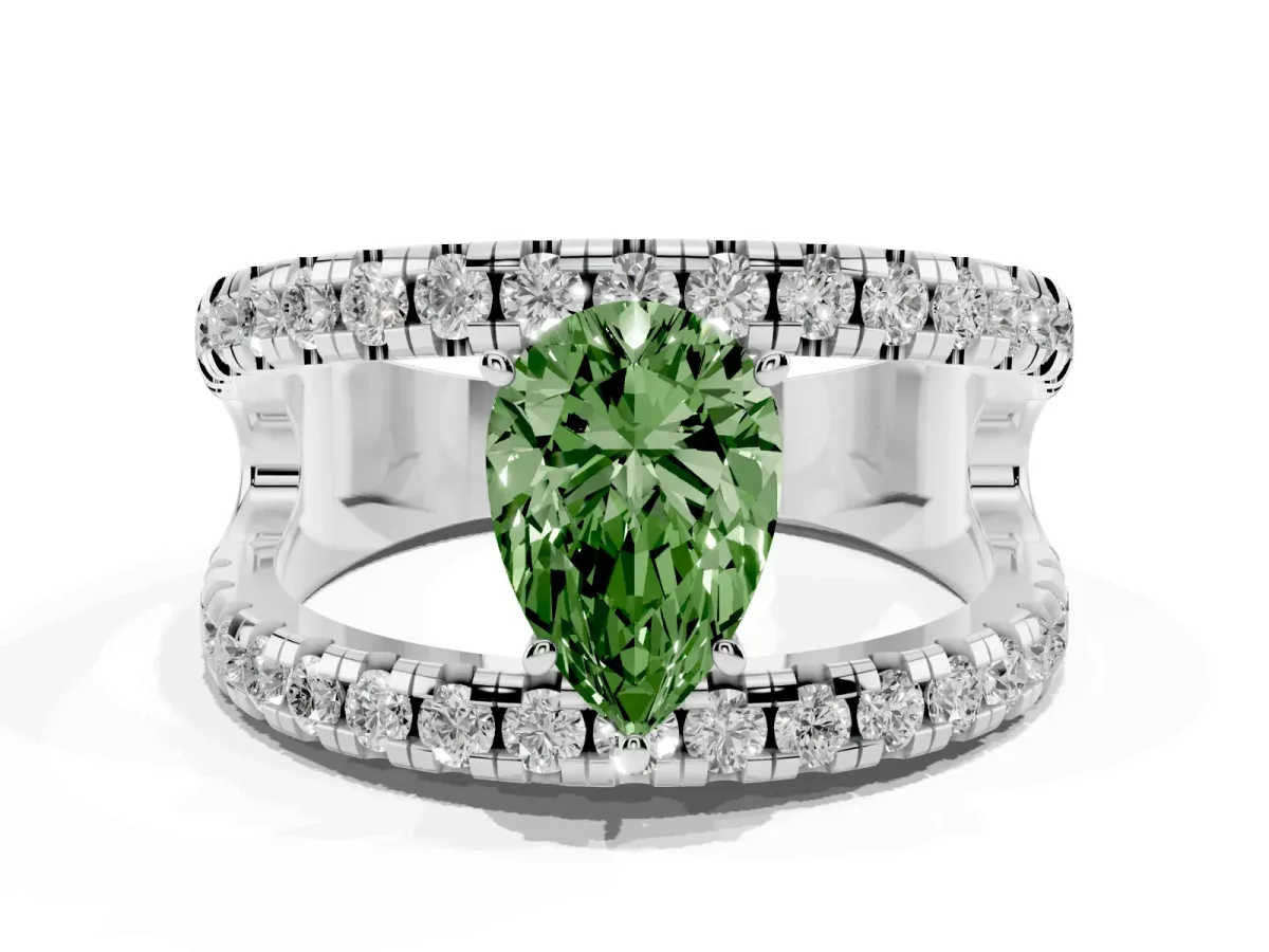 Fancy Green Pear Cut Solitaire Split Shank Pave Diamond Ring Silver