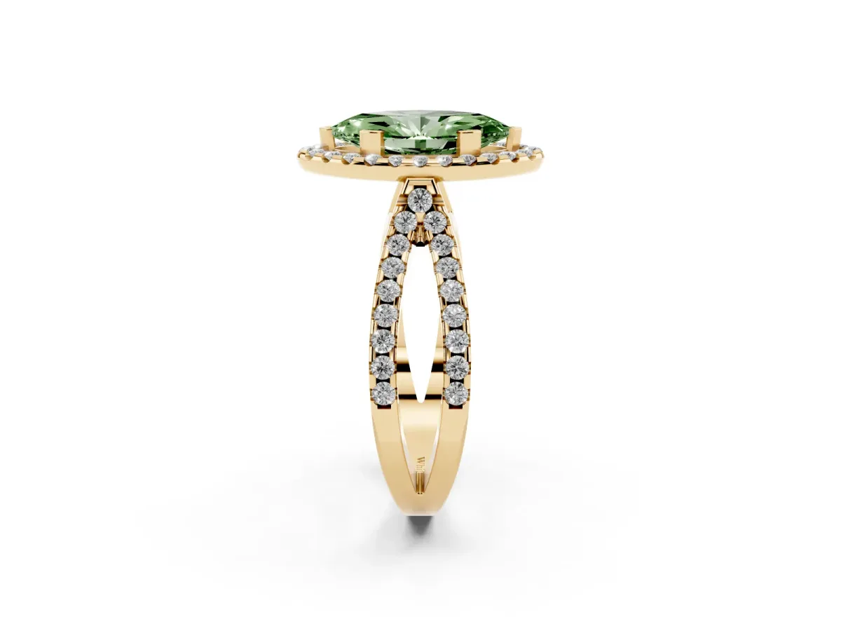 Fancy Green Marquise Cut Diamond Halo Ring with Split Shank Pavé Band and Prong Setting Yellow gold