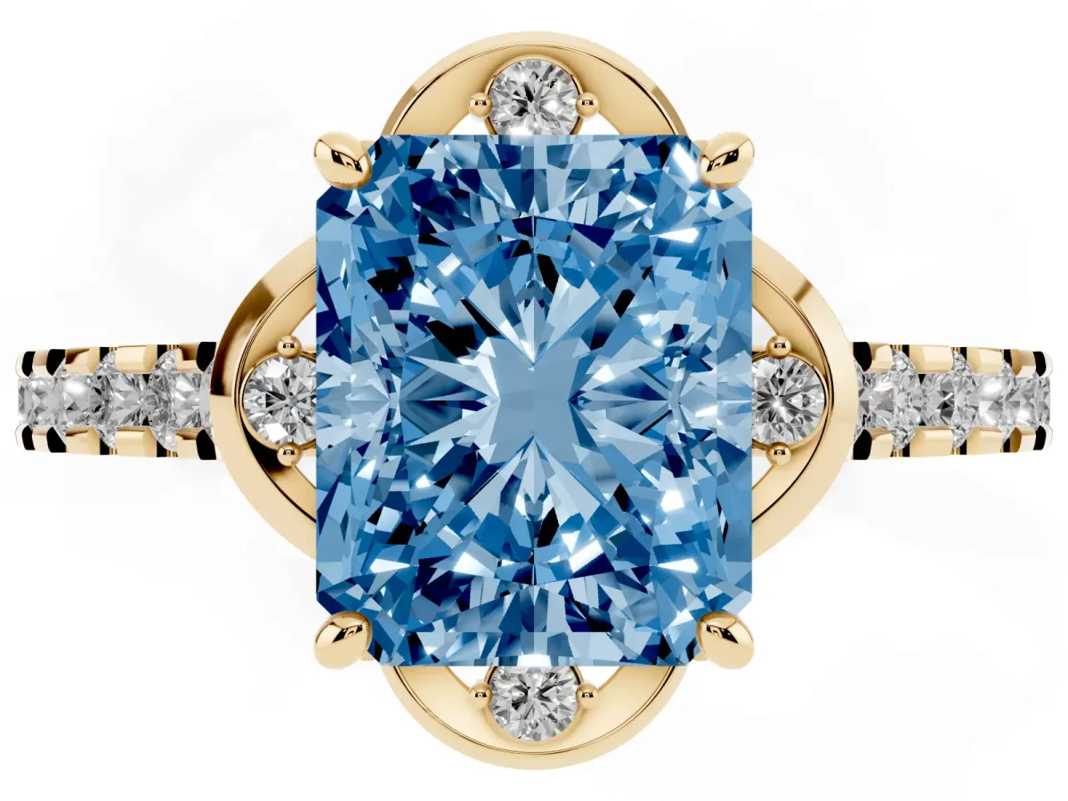 Fancy Blue Radiant Cut Diamond Ring with Pavé Band and Floral Prong Setting Yellow gold