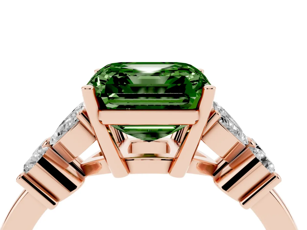 Fancy Green Asscher Cut Diamond Floral Cluster Ring with Solitaire Band and Prong Setting Rose gold
