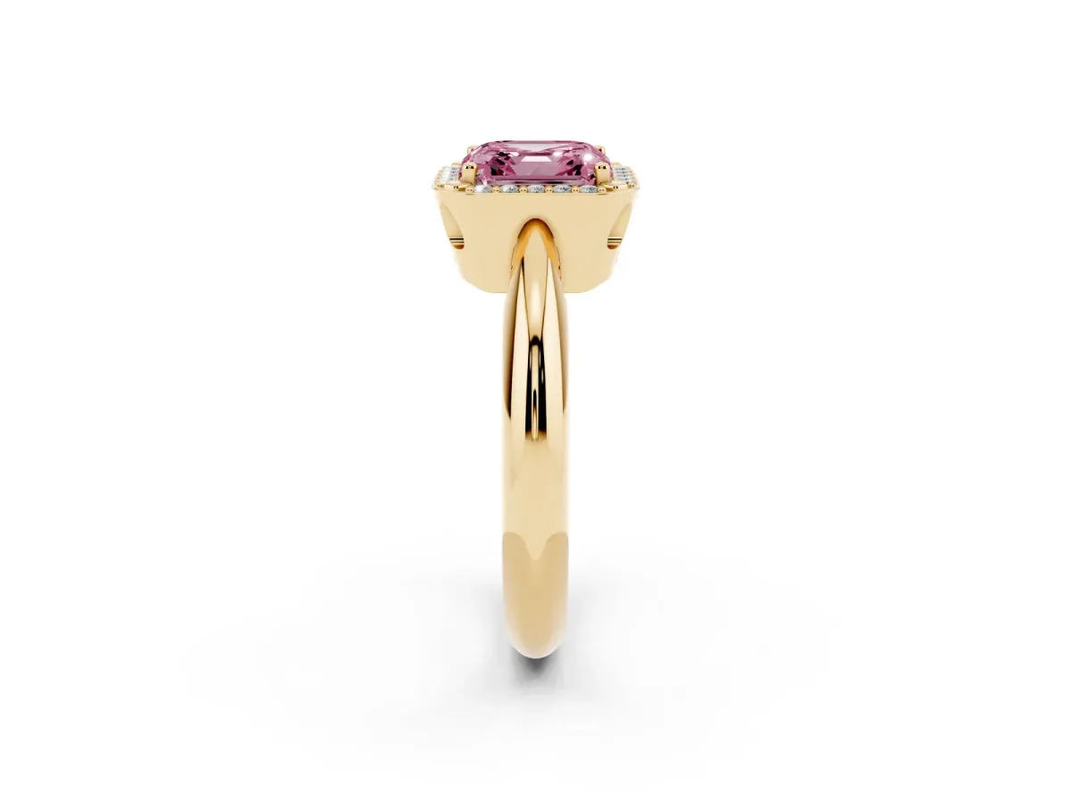 Fancy Pink Asscher Cut Cut Diamond Halo Engagement Ring with Split Shank and Four-Prong Setting Yellow gold