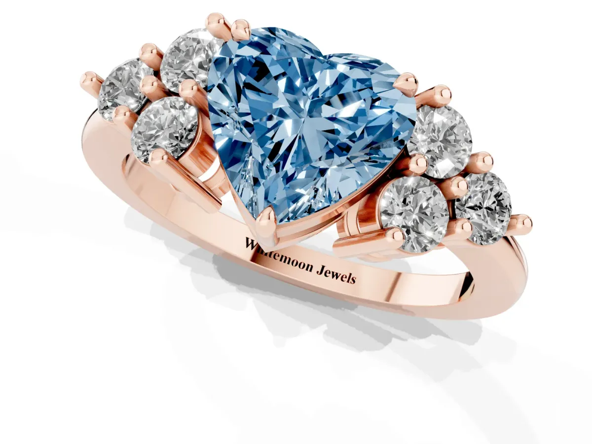 Fancy Blue Heart Cut Brilliant Diamond Cluster Accent Solitaire Ring with Prong Setting Rose gold