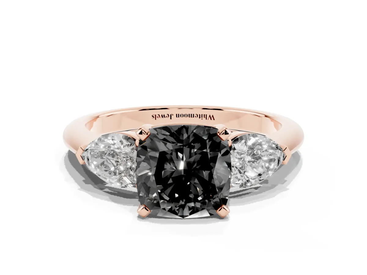 Fancy Black Three-Stone Cushion Cut Diamond Ring with Pear Side Stones and Four-Prong Setting Rose gold