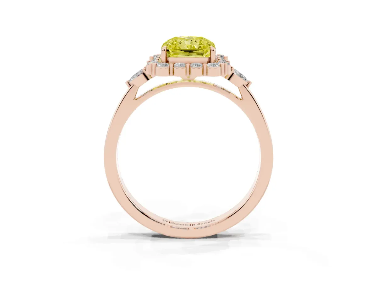 Fancy Yellow Radiant Cut Diamond Halo Ring with Pear Side Stones and Prong Setting Rose gold