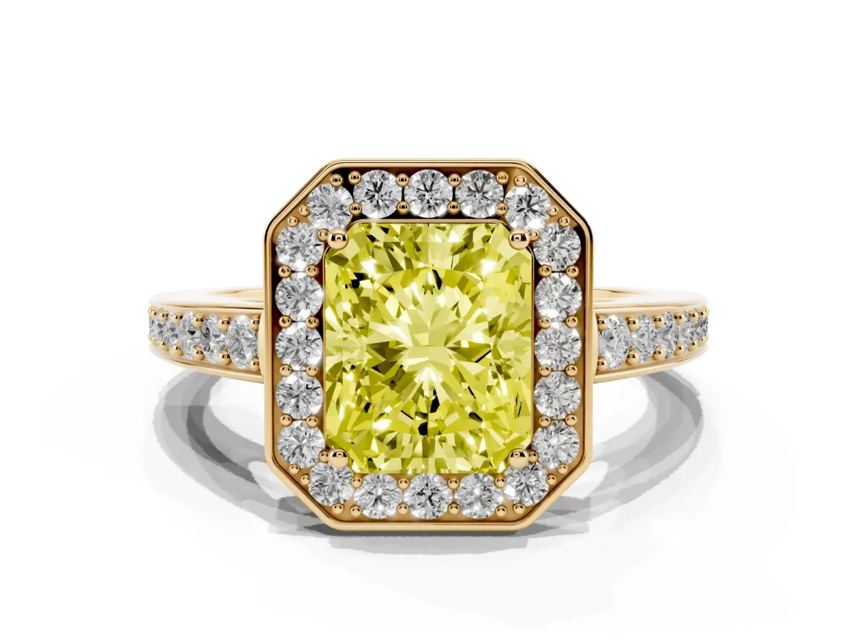 Fancy Yellow Radiant Cut Halo Pavé Diamond Engagement Ring with Bezel Setting Yellow gold