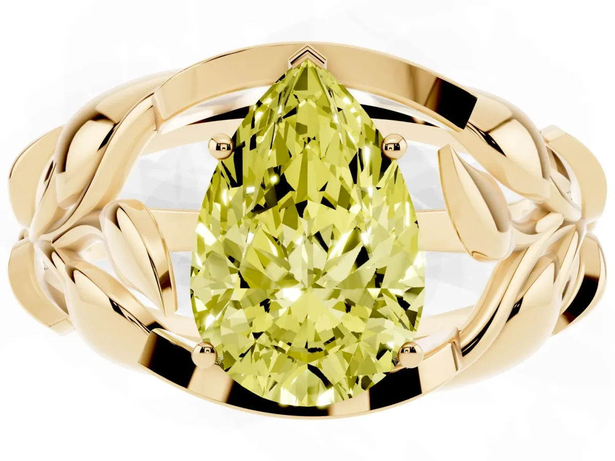 Fancy Yellow Pear Cut Diamond Leaf-Inspired Engagement Ring with Round Accents and Prong Setting Yellow gold
