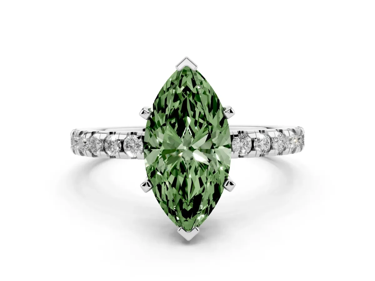 Fancy Green Marquise Cut Diamond Solitaire Ring with Round Pavé Band and Four-Prong Setting Silver
