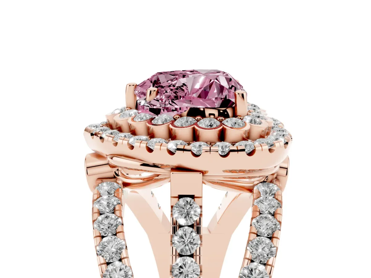 Fancy Pink Heart Cut Diamond Double Halo Ring with Round Pavé Split Shank and Prong Setting Rose gold