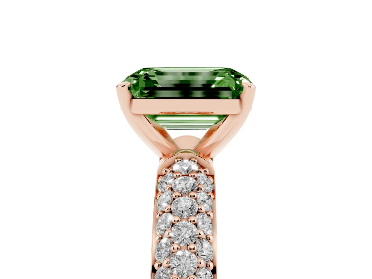 Fancy Green Emerald Cut Diamond Solitaire Ring with Prong Setting and Pavé Band Rose gold