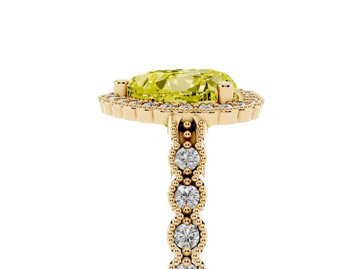 Fancy Yellow Heart Cut Cut Halo Pavé Solitaire Ring with Milgrain Band Yellow gold