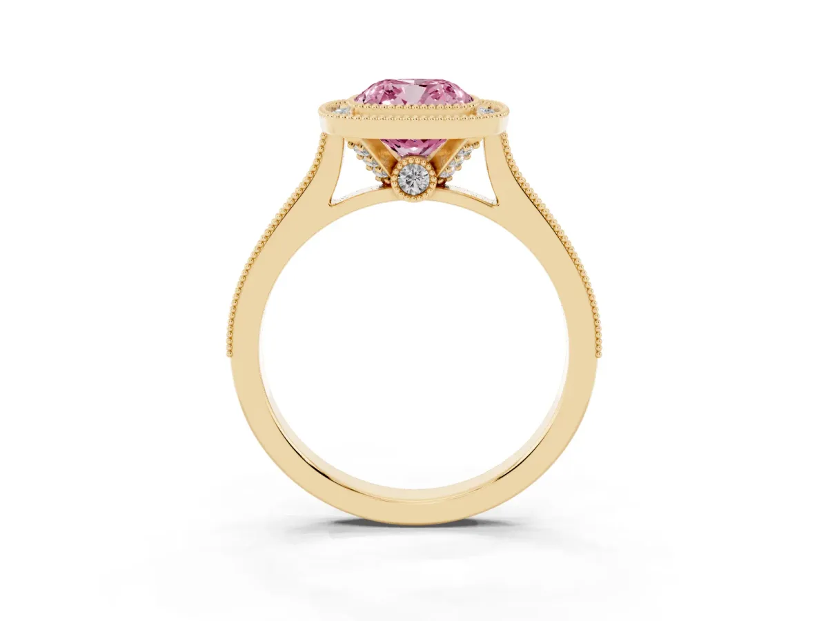 Fancy Pink Halo Cushion Cut-Cut Diamond Pave Band Milgrain Prong Setting Ring Yellow gold
