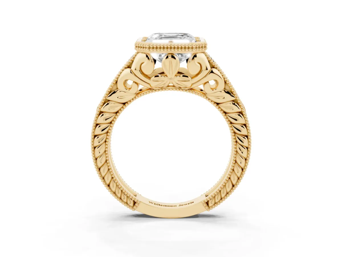 Bezel Set Asscher Cut Diamond Milgrain Pave Engagement Ring Yellow gold