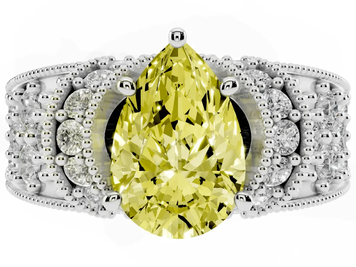 Fancy Yellow Pear Cut Halo Pave Diamond Engagement Ring with Milgrain Detailing Silver