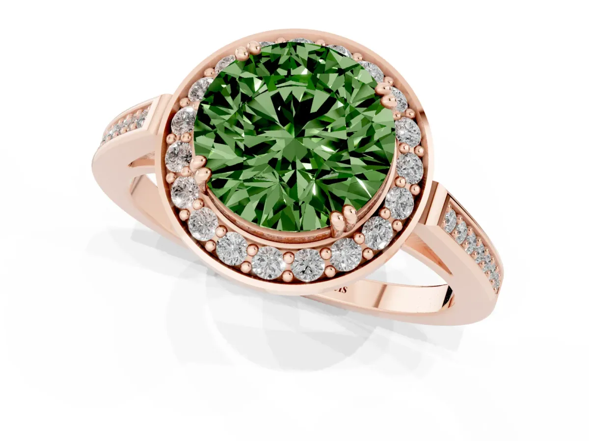 Fancy Green Round Cut Diamond Halo Ring with Split Shank and Four-Prong Setting Rose gold