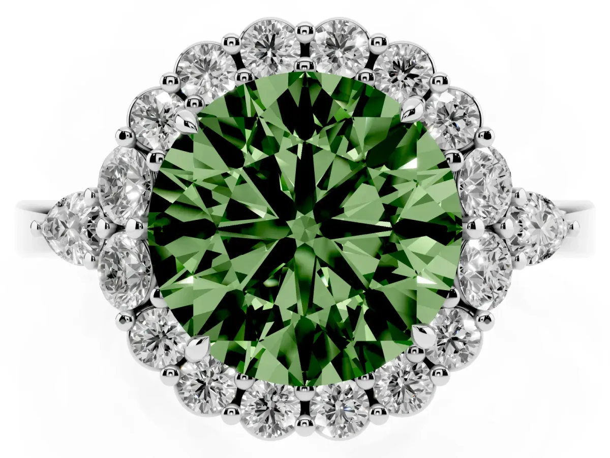 Fancy Green Round Cut Diamond Halo Ring with Pear Side Stones and Prong Setting Silver