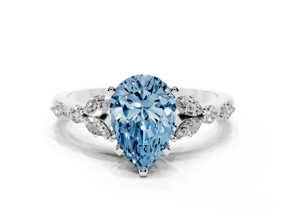 Fancy Blue Pear Cut Diamond Solitaire Ring with Side Stones and Four-Prong Setting Silver