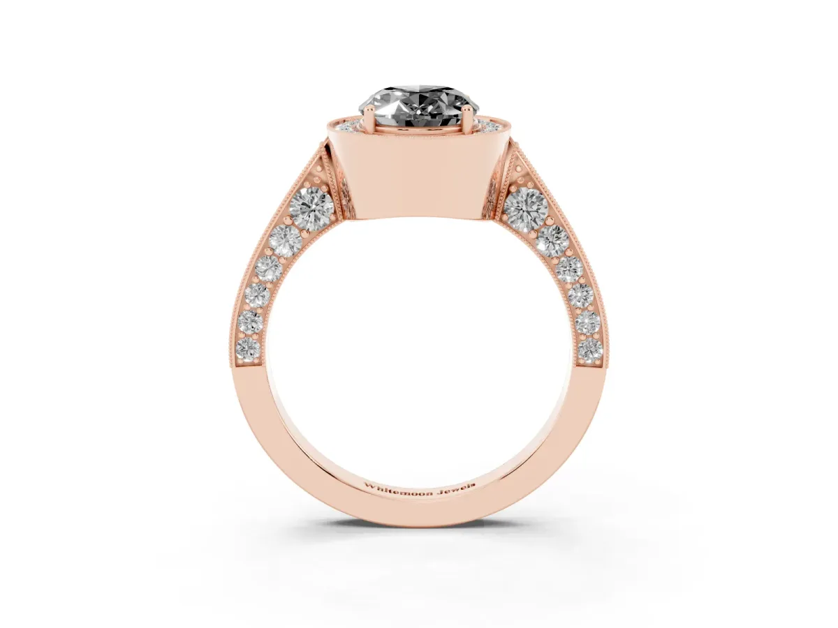 Fancy Black Oval Cut Halo Diamond Engagement Ring with Split Shank Band and Four-Prong Setting Rose gold