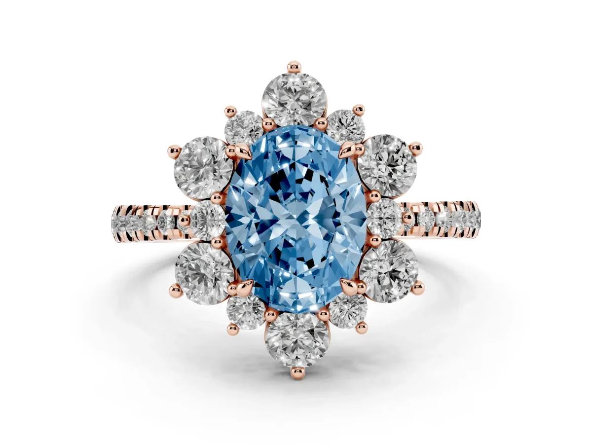 Fancy Blue Oval Cut Diamond Floral Halo Ring with Round Pavé Band and Prong Setting Rose gold