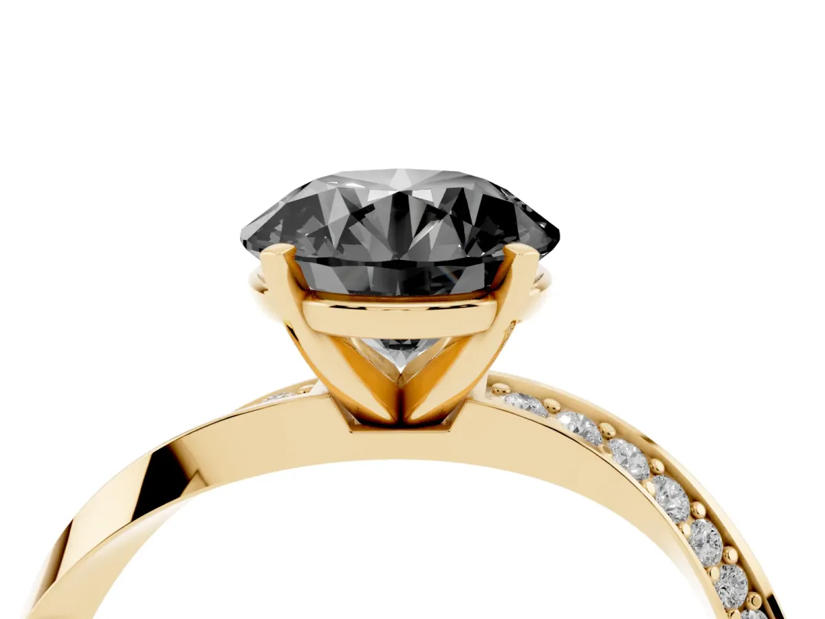 Fancy Black Round Cut Diamond Engagement Ring with Side Stone Accents and Four-Prong Setting Yellow gold