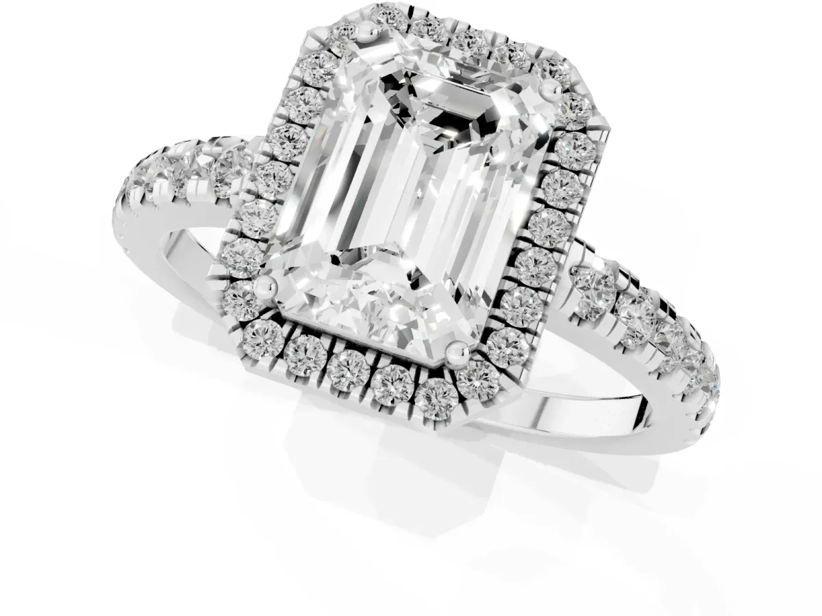 Emerald Cut Diamond Halo Ring with Pavé Band and Four-Prong Setting Silver