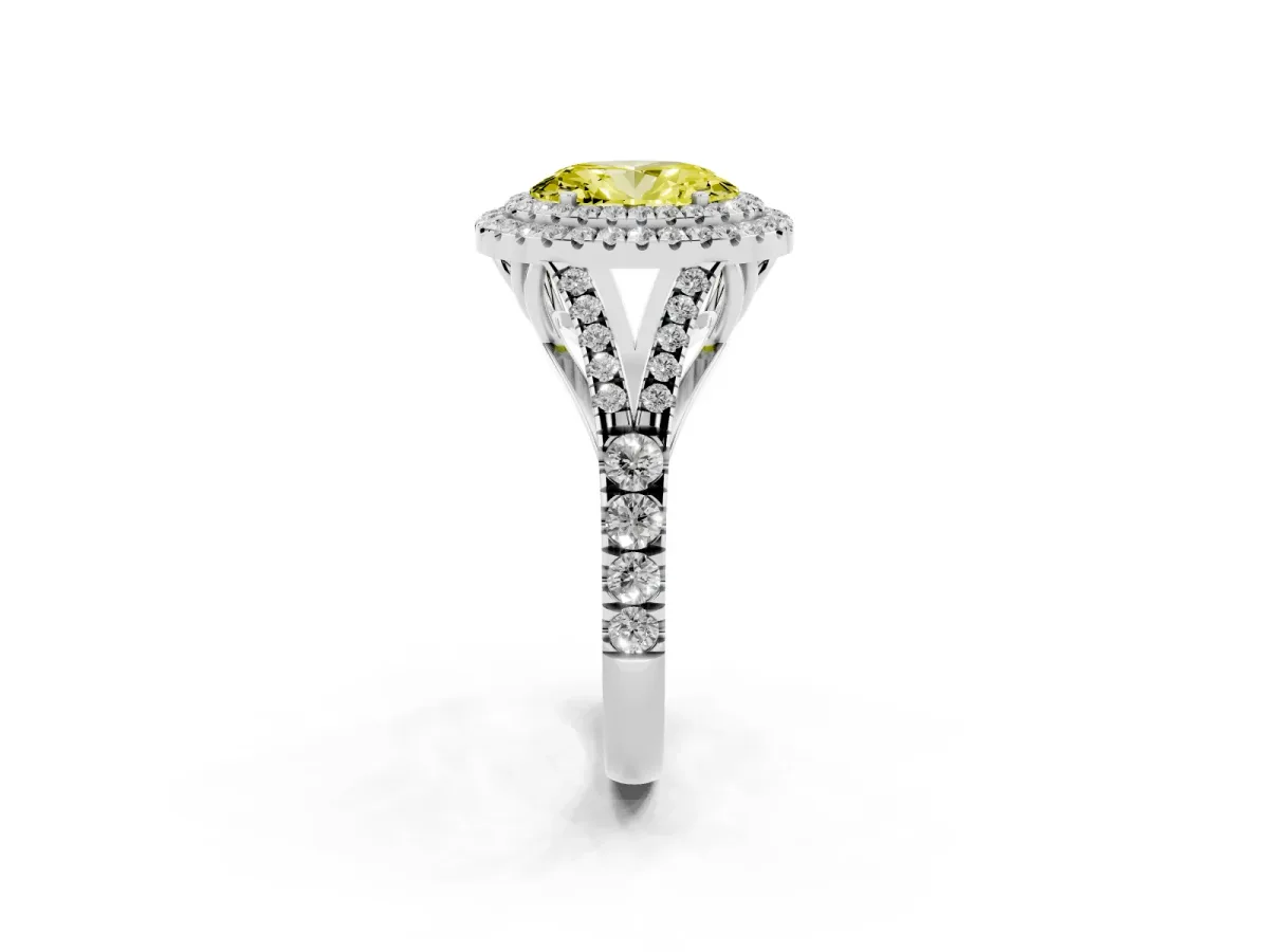 Fancy Yellow Double Halo Oval Cut Diamond Split Shank Engagement Ring with Four-Prong Setting Silver