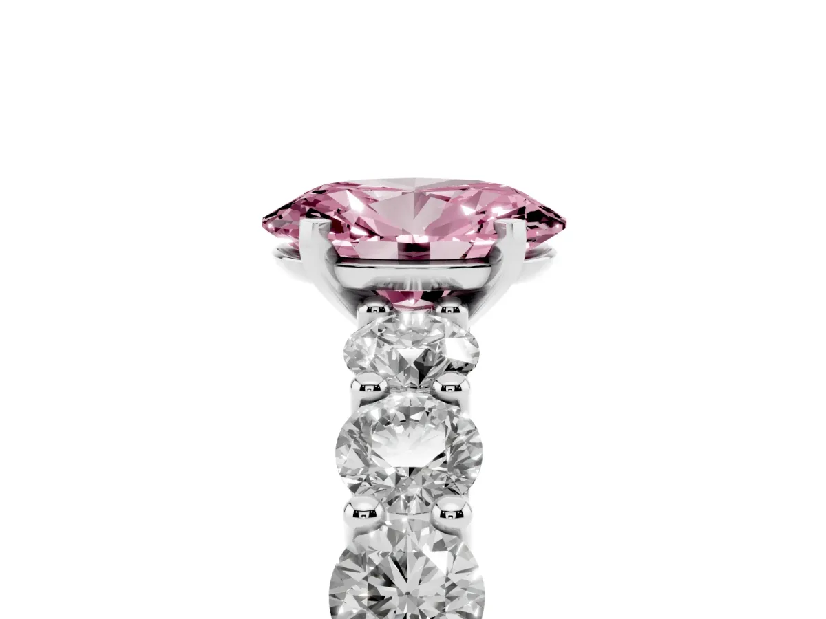 Fancy Pink Oval Cut Diamond Prong Setting with Side Stones on a Pave Band Silver