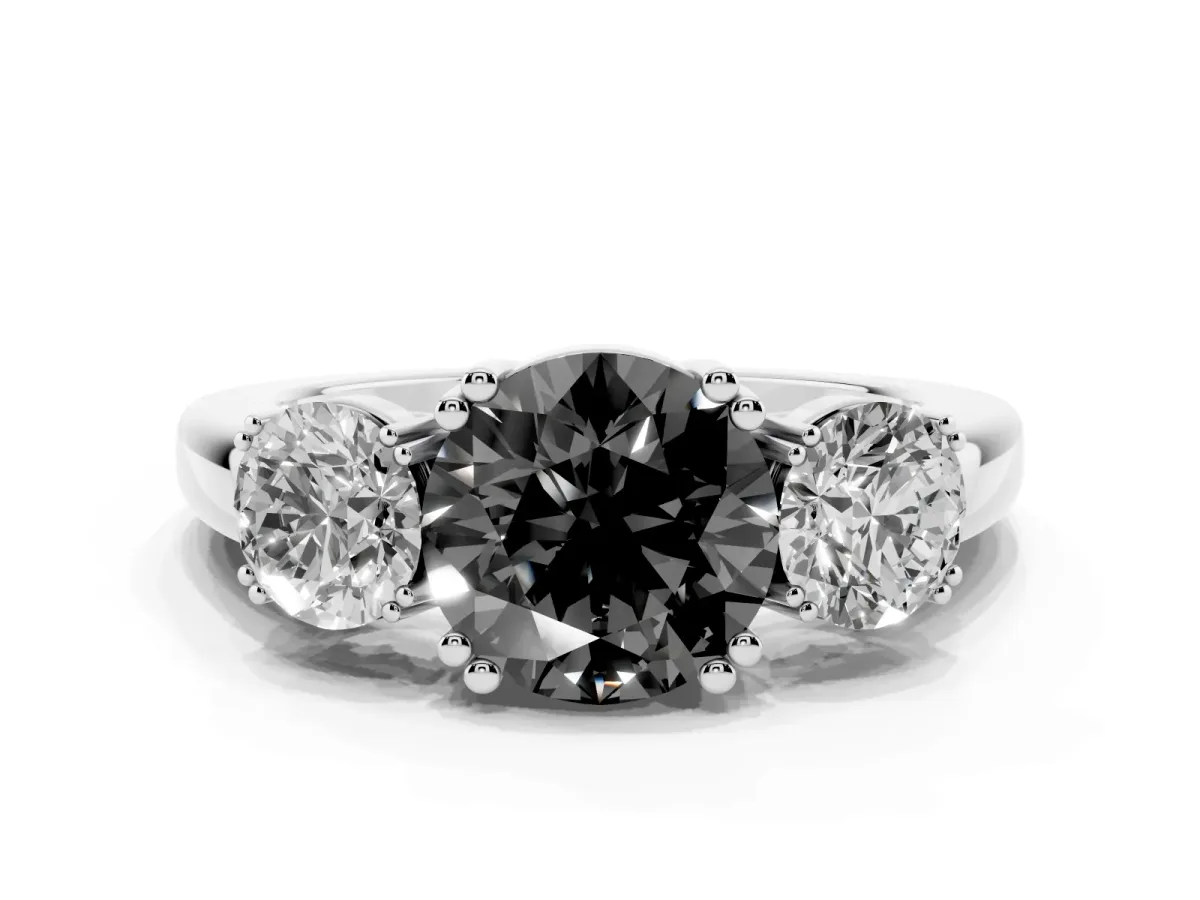 Fancy Black Three-Stone Round Cut Cut Diamond Ring with Channel Set Band and Four-Prong Setting Platinum