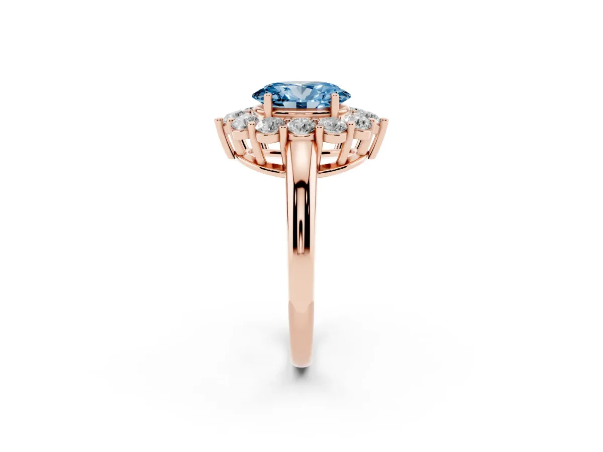 Fancy Blue Oval Cut Halo Cluster Diamond Engagement Ring with Prong Setting and Polished Band Rose gold