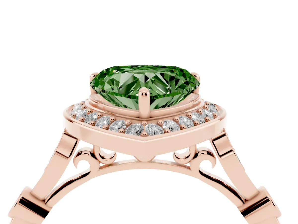 Fancy Green Heart Cut Halo Diamond Engagement Ring with Twisted Band and Four-Prong Setting Rose gold