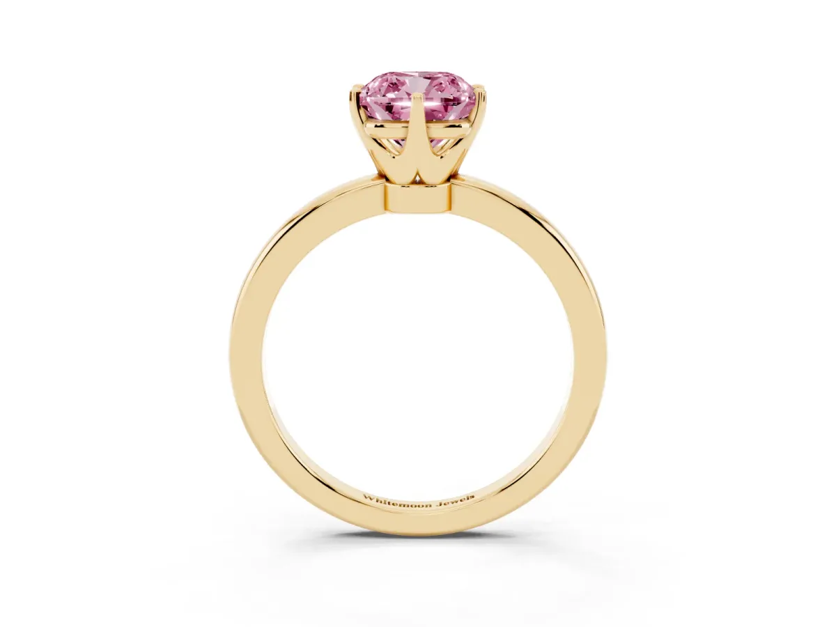 Fancy Pink Cushion Cut Solitaire Diamond Ring with Six-Prong Setting on a Classic Band Yellow gold