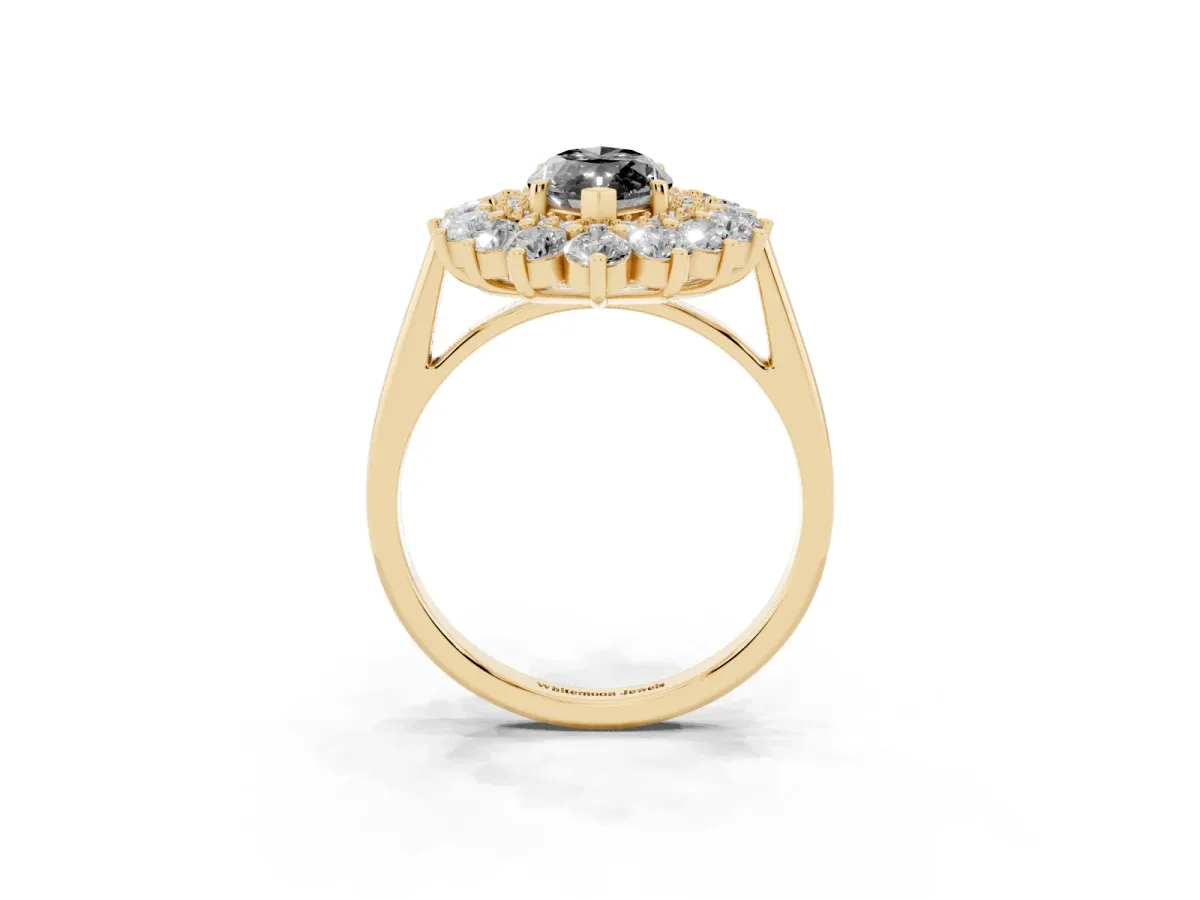 Fancy Black Marquise Cut Diamond Floral Double Halo Engagement Ring with Prong Setting Yellow gold