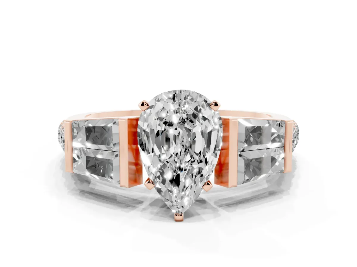 Pear Cut Diamond Engagement Ring with Baguette Side Stones and Channel Set Band Rose gold