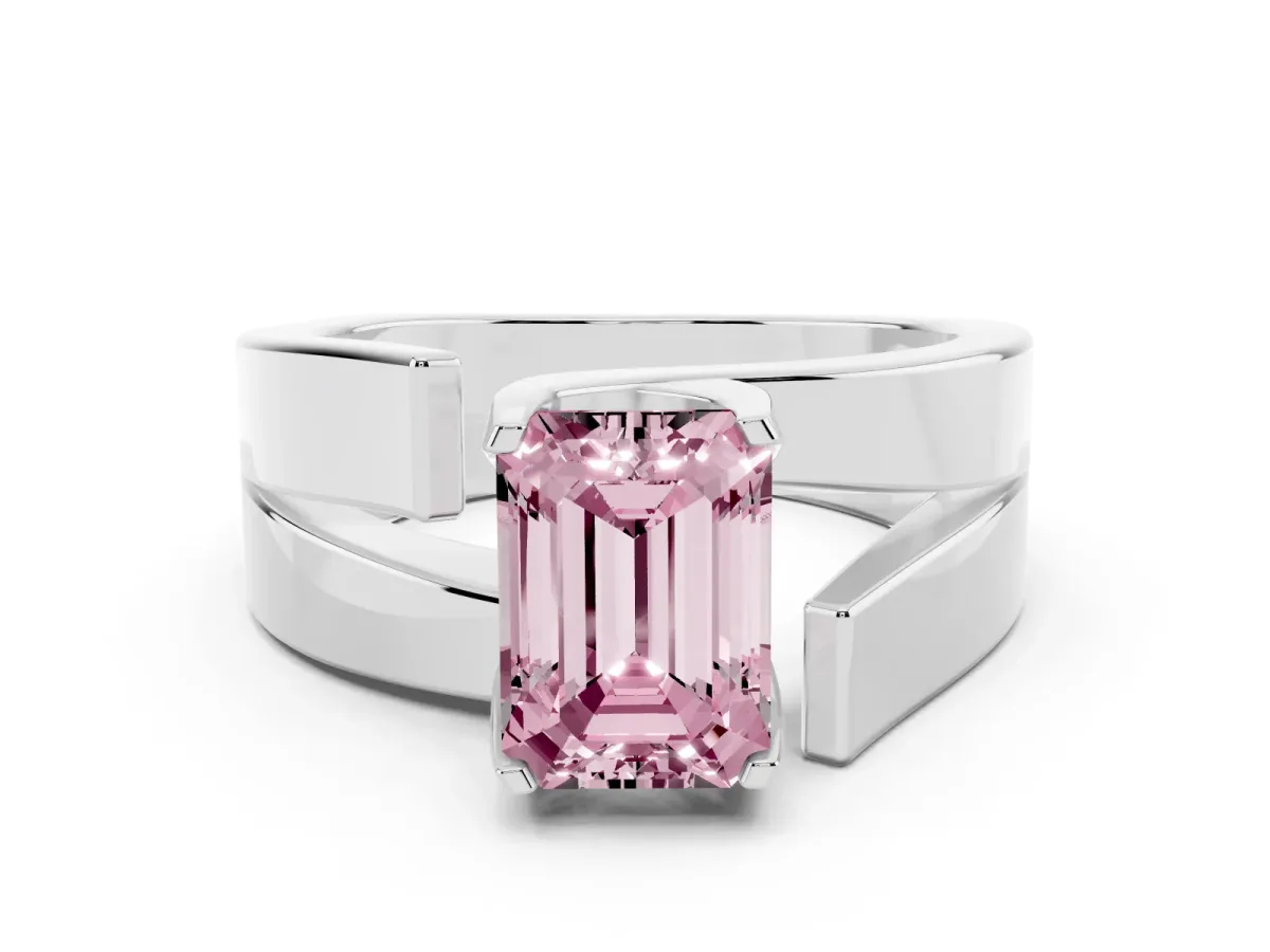 Fancy Pink Modern Tension Set Emerald Cut Diamond Solitaire Wide Band Ring Silver
