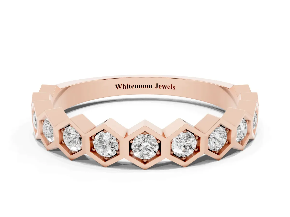Hexagon Pave Diamond Eternity Band with Bezel Setting Rose gold